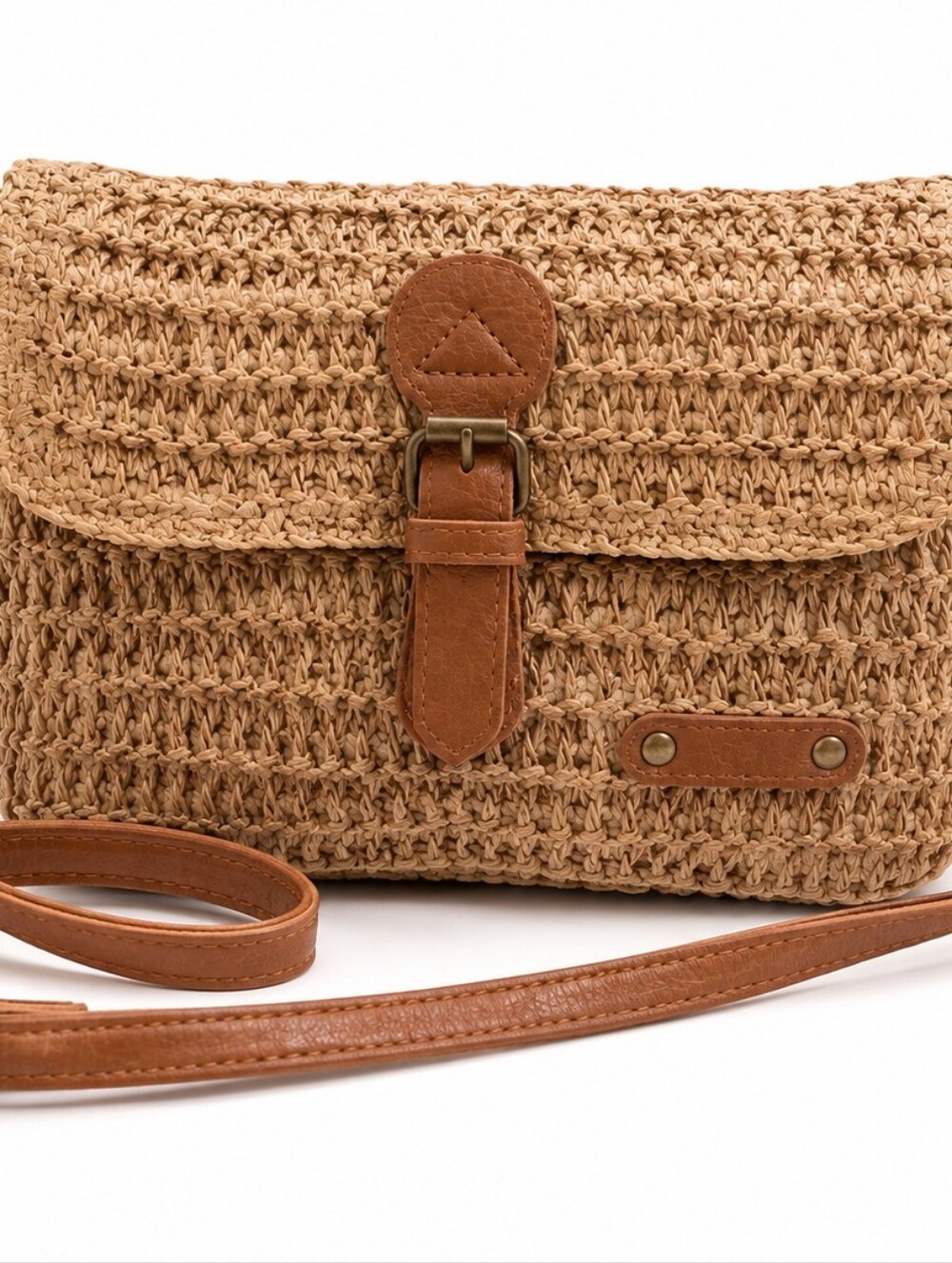 Tan Woven Straw Crossbody Bag Brown Faux Leather Boho Purse